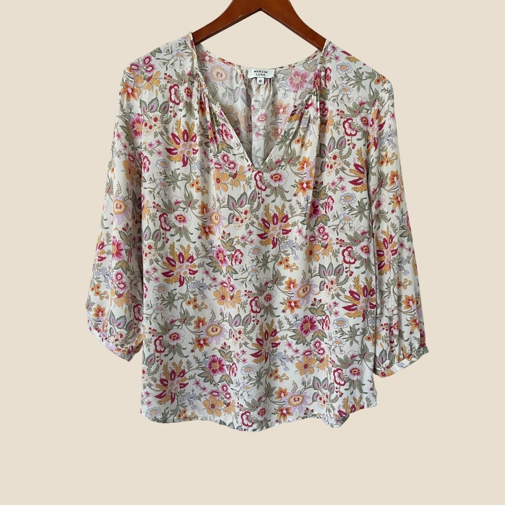 Marina Luna Women Floral V-Neck Blouse Cream Pink Yellow 3/4 Sleeve Size M boho